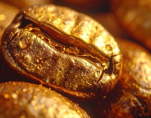 Roasted coffee bean glistens, close-up detailed view