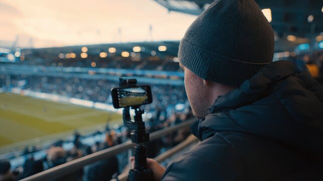 Fan enjoys a football match while capturing the excitement with a smartphone at a crowded stadium during sunset