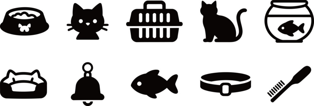 Black vector icon set for pet shop and cat accessories. Includes cat carrier, food bowl, fishbowl, collar, and toys.
