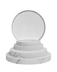 Elegant white marble tiered product display podium with circular background isolated on transparent background