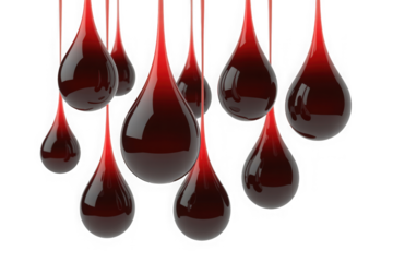 Red liquid drops dripping, abstract medical and health concept background isolated on transparent background