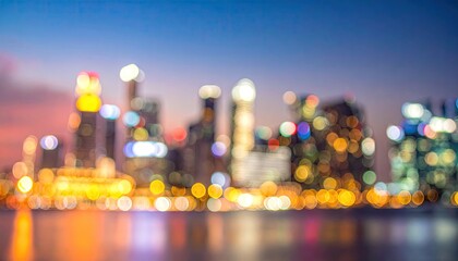 Blurred cityscape at dusk, bokeh lights reflected on water
