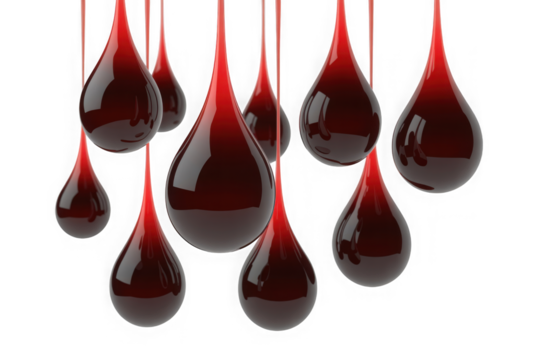 Red liquid drops dripping, abstract medical and health concept background isolated on transparent background