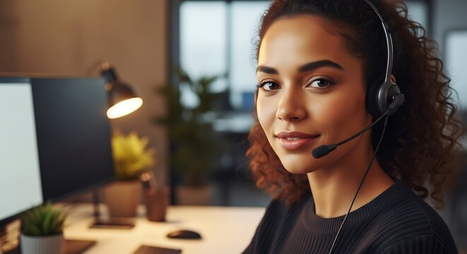 Smiling professional woman with a headset at a desk in a modern office, providing dedicated customer service and clear communication, embodying supportive client assistance