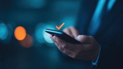 Close up of a person holding a mobile phone, receiving a digital check mark for approval, success, and verification