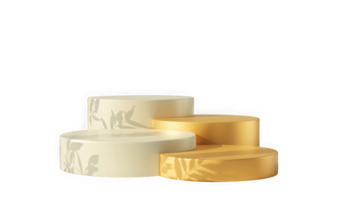 Four cylindrical product display pedestals with natural leaf shadows. isolated on transparent background
