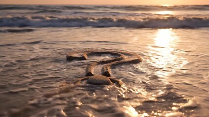Sand sculpture question mark on beach shoreline with golden hour sunlight - Powered by Adobe