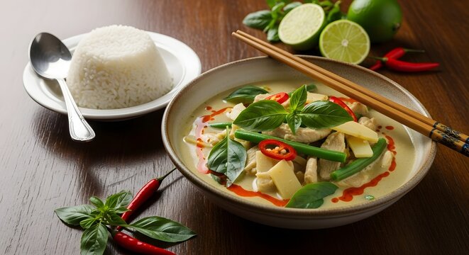 Delicious thai green curry with rice and fresh ingredients a culinary masterpiece ready to be served