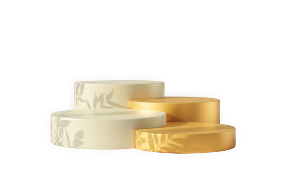 Four cylindrical product display pedestals with natural leaf shadows. isolated on transparent background