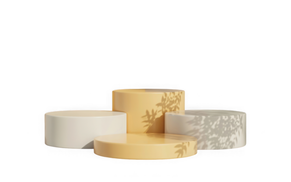 Four cylindrical product display pedestals with natural leaf shadows. isolated on transparent background