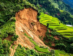 Aerial view showing a landslide on a hillside with terraced fields and lush green vegetation