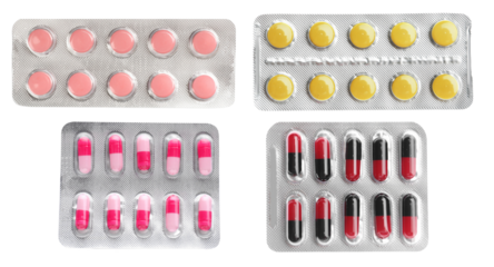 detailed photograph showcasing four distinct silver blister packs filled with pink tablets, yellow tablets, and contrasting pink and black capsules, isolated on black.