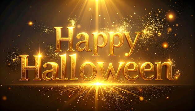 Golden "Happy Halloween" text with shimmering light burst effect - Powered by Adobe