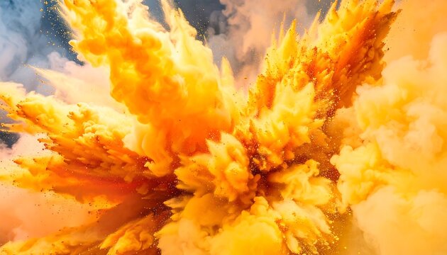 Vibrant burst of orange/yellow powder explosion against a misty blue background, creating an abstract, dynamic composition