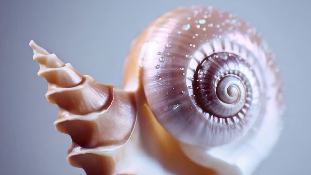 Close-up of a spiral snail shell with glossy pink-brown whorls.