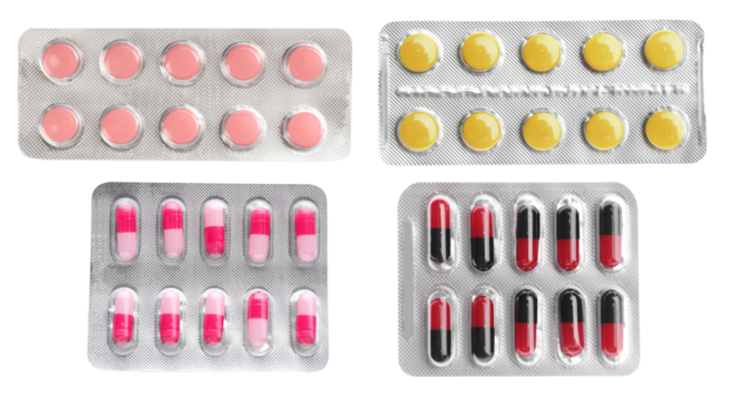 detailed photograph showcasing four distinct silver blister packs filled with pink tablets, yellow tablets, and contrasting pink and black capsules, isolated on black.