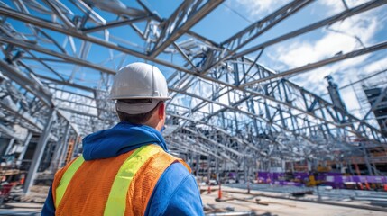 Construction worker observes metal frame being installed during daytime at urban construction site in clear weather