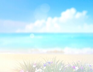 Soft beach scene with flowers, sky, and water