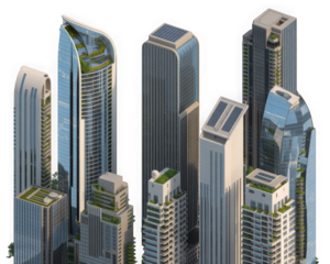 Modern sustainable city skyscrapers with green roofs and solar panels on top isolated on transparent background