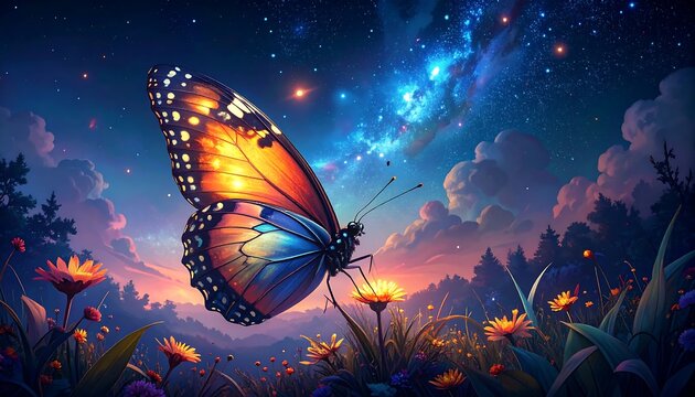 Vibrant butterfly in a field of wildflowers against a starry, dreamy sky and soft, pastel clouds