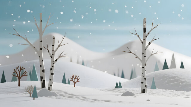 Winter Landscape, Birch Trees, Snowy Scenery, Mountain View, Snowflakes, Cold Weather, Nature Illustration