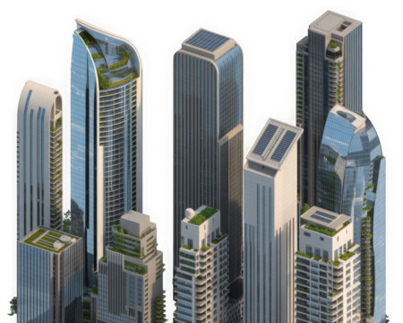 Modern sustainable city skyscrapers with green roofs and solar panels on top isolated on transparent background