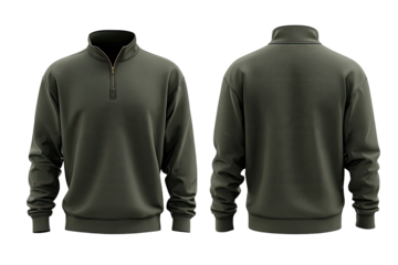 Front and back view of a dark olive green, quarter-zip sweatshirt