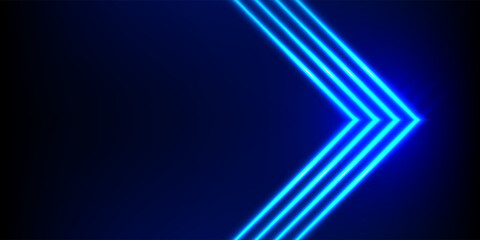  Futuristic abstract background. Neon arrow. Neon glowing blue arrow pointer on black background. Shining light sign. Vector illustration.