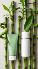 Obraz premium Natural skincare products with fresh bamboo stalks and leaves