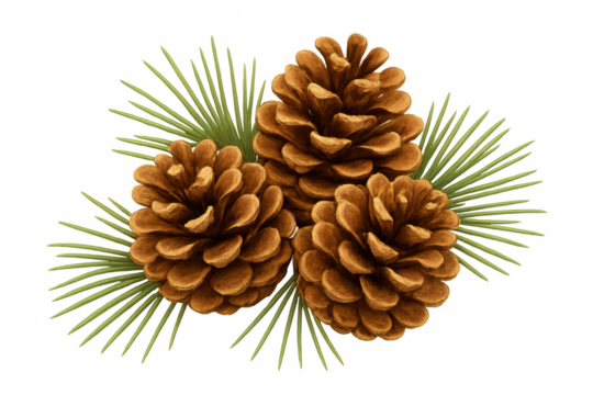 Group of brown pine cones with green pine needles, creating a natural element for winter, festive, and seasonal designs