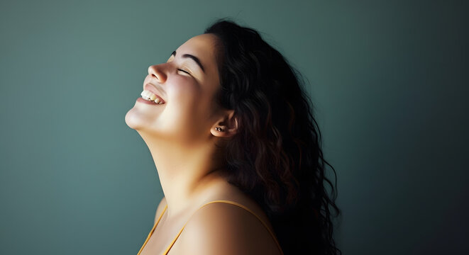 Confident and beautiful curvy woman smiling with genuine happiness and contentment - Powered by Adobe