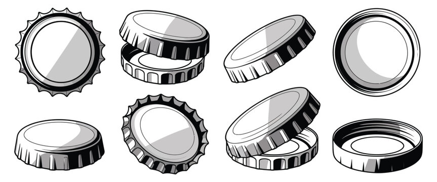 Bottle Caps Set Elements – Monochrome Vector Collection of Beer and Soda Cap Shapes, Vintage Badge Outline, Retro Emblem Design for Label, Packaging and Logo Branding