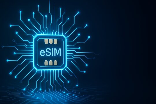Futuristic digital illustration of eSIM chip with glowing circuit lines symbolizing modern wireless connectivity and mobile technology concept. Ai generative - Powered by Adobe