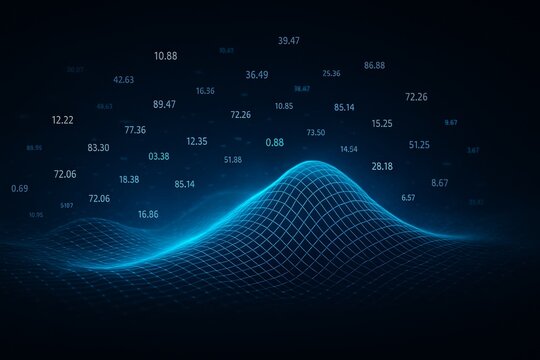 Abstract digital data wave with floating numbers on dark background illustrating futuristic technology concept in blue glowing mesh style. Ai generative