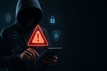 Hacker in hoodie using tablet with alert sign and digital security icons in dark background illustrating cybersecurity threat concept. Ai generative