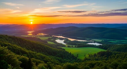 Beautiful sunset over green hills and lakes scenic landscape nature photography travel destination view point
