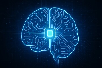 Digital brain with glowing circuits and microchip in the center symbolizing artificial intelligence and neural network technology concept on dark background. Ai generative