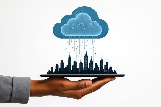 Hand holding digital tablet with smart city and cloud computing concept illustrating data transfer and futuristic technology infrastructure concept. Ai generative