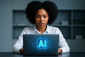 Focused woman working on AI technology project using laptop with futuristic interface in modern office environment, symbolizing innovation concept. Ai generative