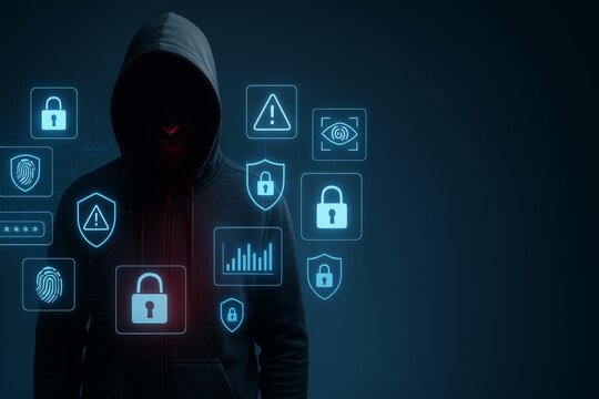 Mysterious hooded figure surrounded by glowing cybersecurity icons illustrating data protection and hacking concept in digital cyberspace environment. Ai generative