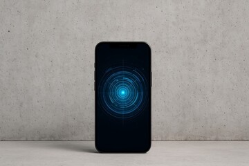 Futuristic digital user interface on smartphone screen with glowing blue circular HUD concept on concrete background wall, modern technology concept. Ai generative