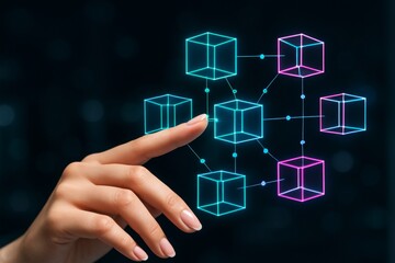 Hand interacting with glowing blockchain cubes representing digital data connections and decentralized technology concept on dark background. Ai generative