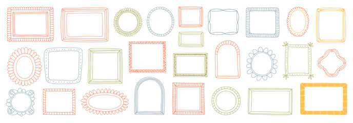 Wavy wedding frame set with hand-drawn geometric borders, doodle ornamental stamps, and square, oval, and arch shapes — perfect for modern invitations, banners, and summer minimal decor designs.