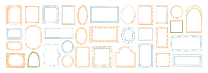 Wavy wedding frame set with hand-drawn geometric borders, doodle ornamental stamps, and square, oval, and arch shapes — perfect for modern invitations, banners, and summer minimal decor designs.