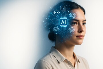 Woman with digital AI interface integrated into head symbolizing artificial intelligence innovation and human-machine interaction concept.. Ai generative