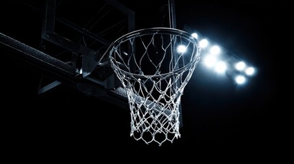 Basketball hoop illuminated in a dark gym during an evening match
