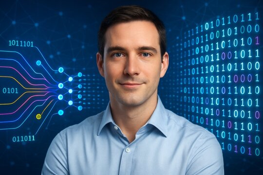 Confident man with digital binary data and neural network concept on futuristic technology blue background, symbolizing AI and innovation progress. Ai generative - Powered by Adobe