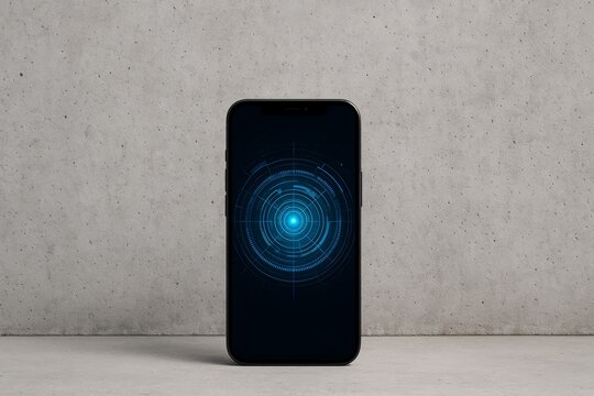 Futuristic digital user interface on smartphone screen with glowing blue circular HUD concept on concrete background wall, modern technology concept. Ai generative