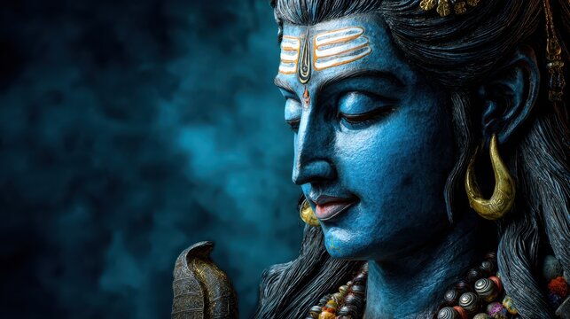 Divine blue sculpture of Hindu god Shiva adorned with intricate jewelry and peaceful expression