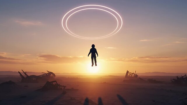 A silhouette of a person levitating at sunset over a desolate landscape with ruins in the background